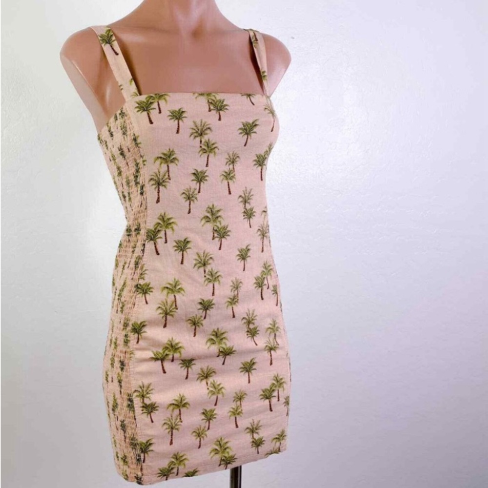 Robin K Linen Blend Dress Tropical Palm Tree Smocked Bodycon Pink